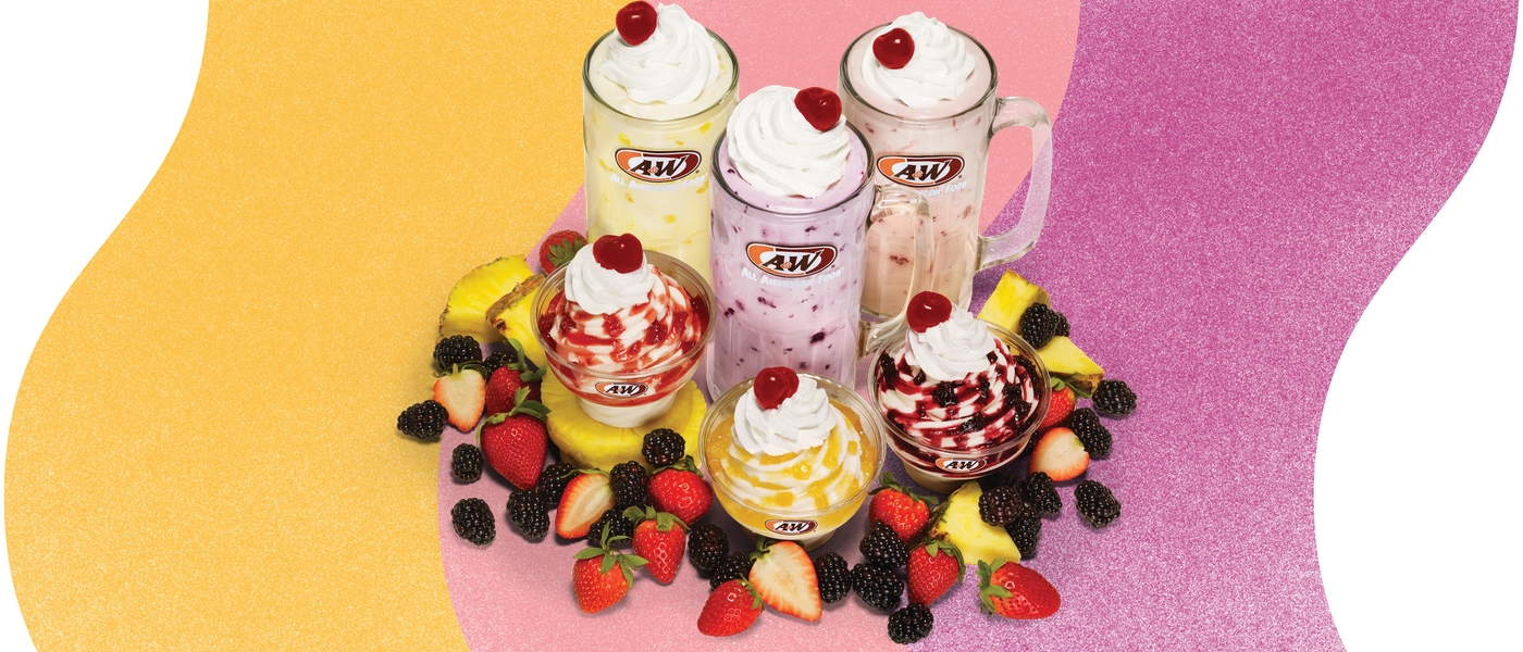 Overhead photo of Real Fruit Shakes and Sundaes. 3 Shakes featured in the photo - Pineapple, Blackberry, and Strawberry. Below the Shakes is a Strawberry Sundae, Pineapple Sundae, and Blackberry Sundae.